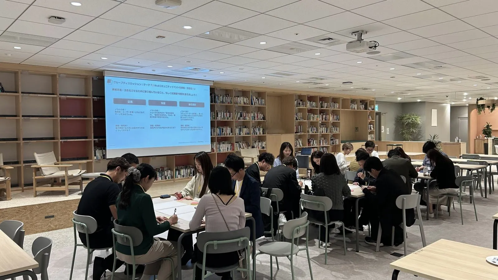 ワークシートに書き込みながら議論する参加者たち